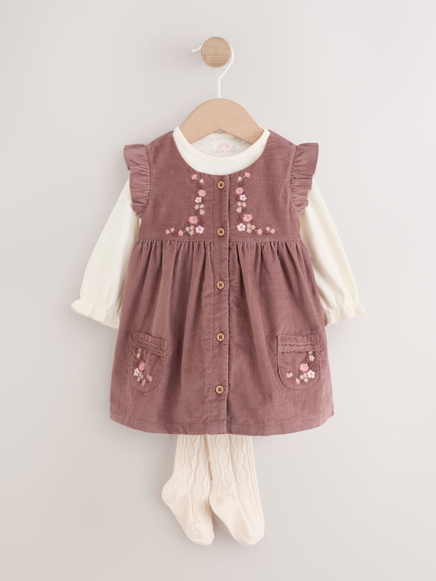 Dsiney Kidz - Chocolate Brown Floral Baby Pinafore Bodysuit And Tights 3 Piece Set (0mths-2yrs) image 1