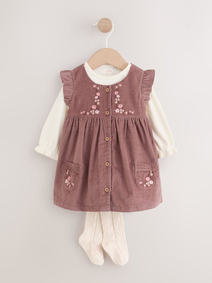 Dsiney Kidz - Chocolate Brown Floral Baby Pinafore Bodysuit And Tights 3 Piece Set (0mths-2yrs) image 1
