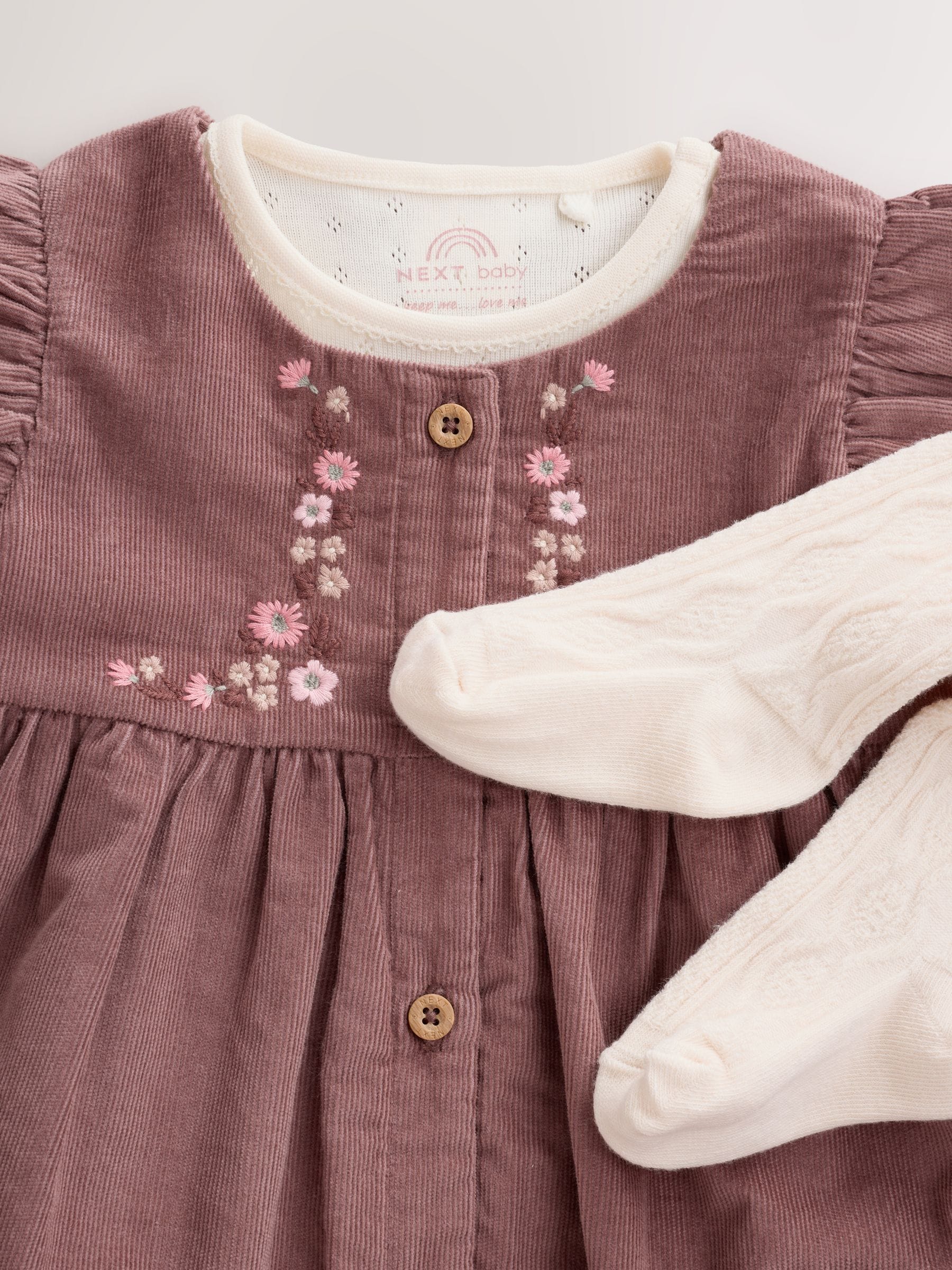 Dsiney Kidz - Chocolate Brown Floral Baby Pinafore Bodysuit And Tights 3 Piece Set (0mths-2yrs) image 3