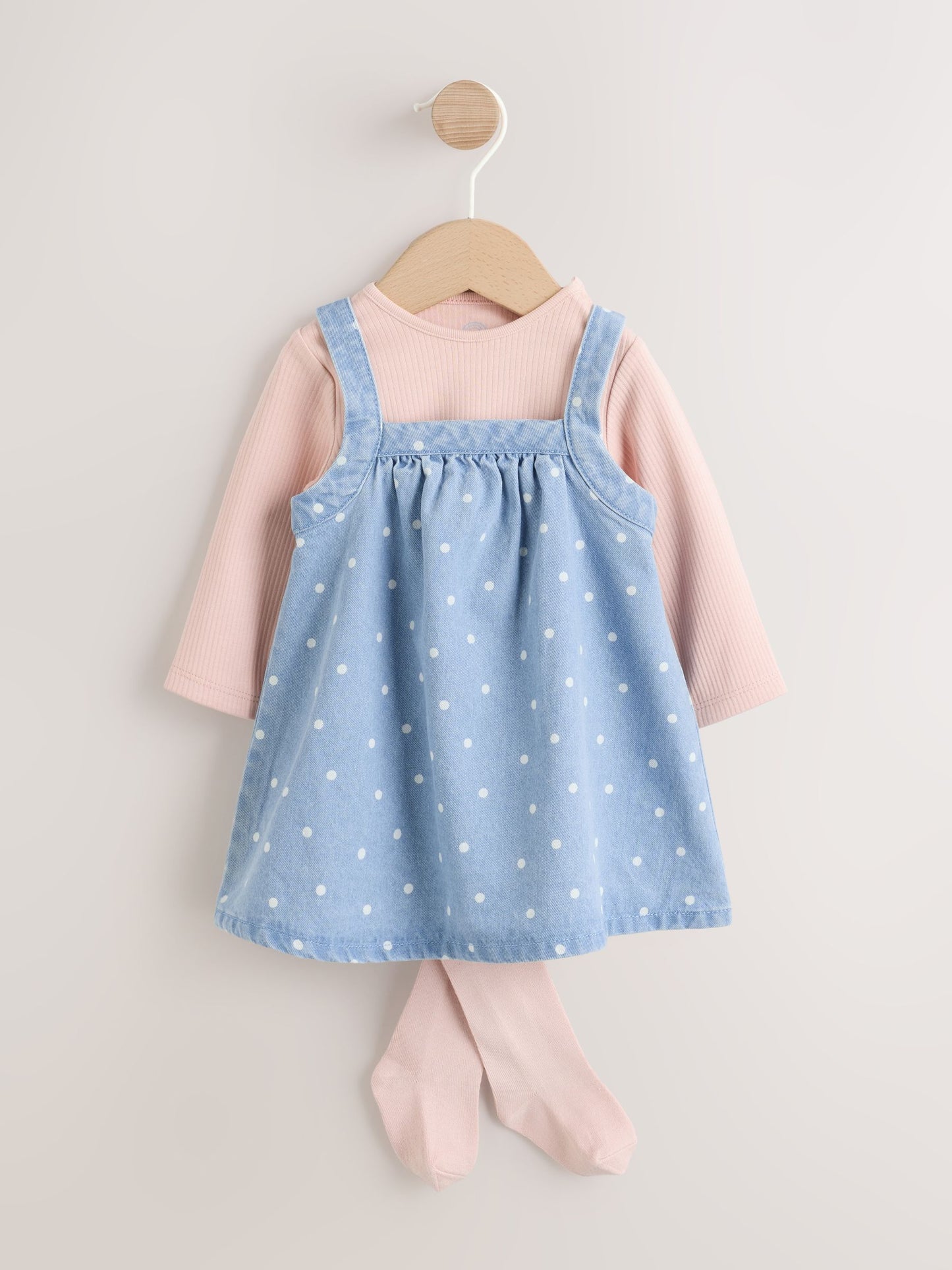 Dsiney Kidz - Denim Spot Baby Pinafore Long Sleeve Bodysuit And Tights 3 Piece Set (0mths-2yrs) image 1
