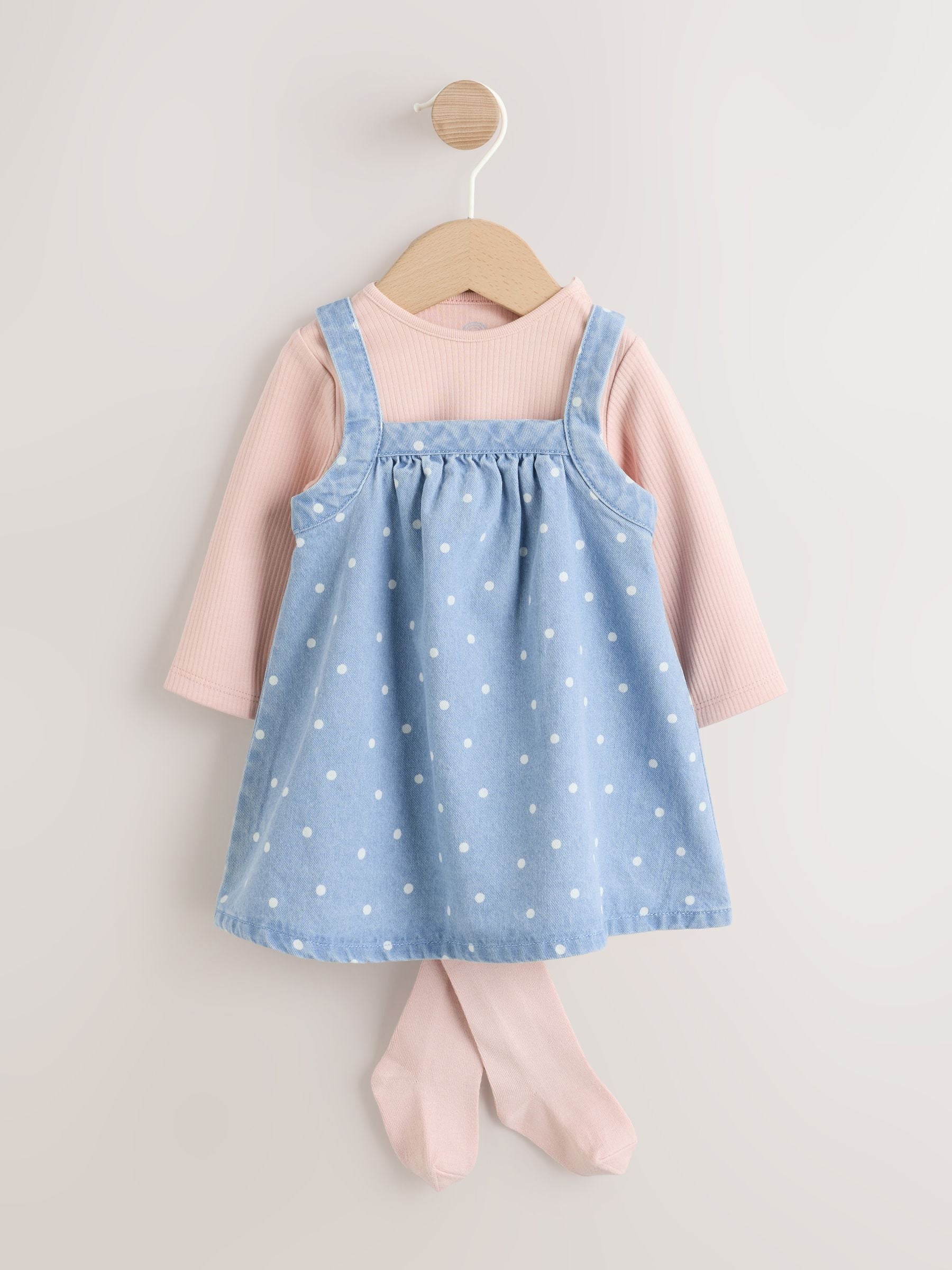 Dsiney Kidz - Denim Spot Baby Pinafore Long Sleeve Bodysuit And Tights 3 Piece Set (0mths-2yrs) image 1