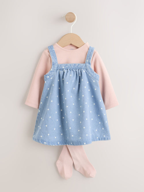 Dsiney Kidz - Denim Spot Baby Pinafore Long Sleeve Bodysuit And Tights 3 Piece Set (0mths-2yrs) image 1