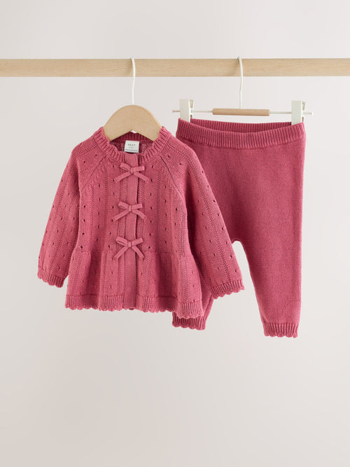 Pink Frill Knitted Bow Baby Cardigan & Leggings Set 2 Piece (0mths-2yrs) image 1
