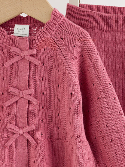 Pink Frill Knitted Bow Baby Cardigan & Leggings Set 2 Piece (0mths-2yrs) image 7
