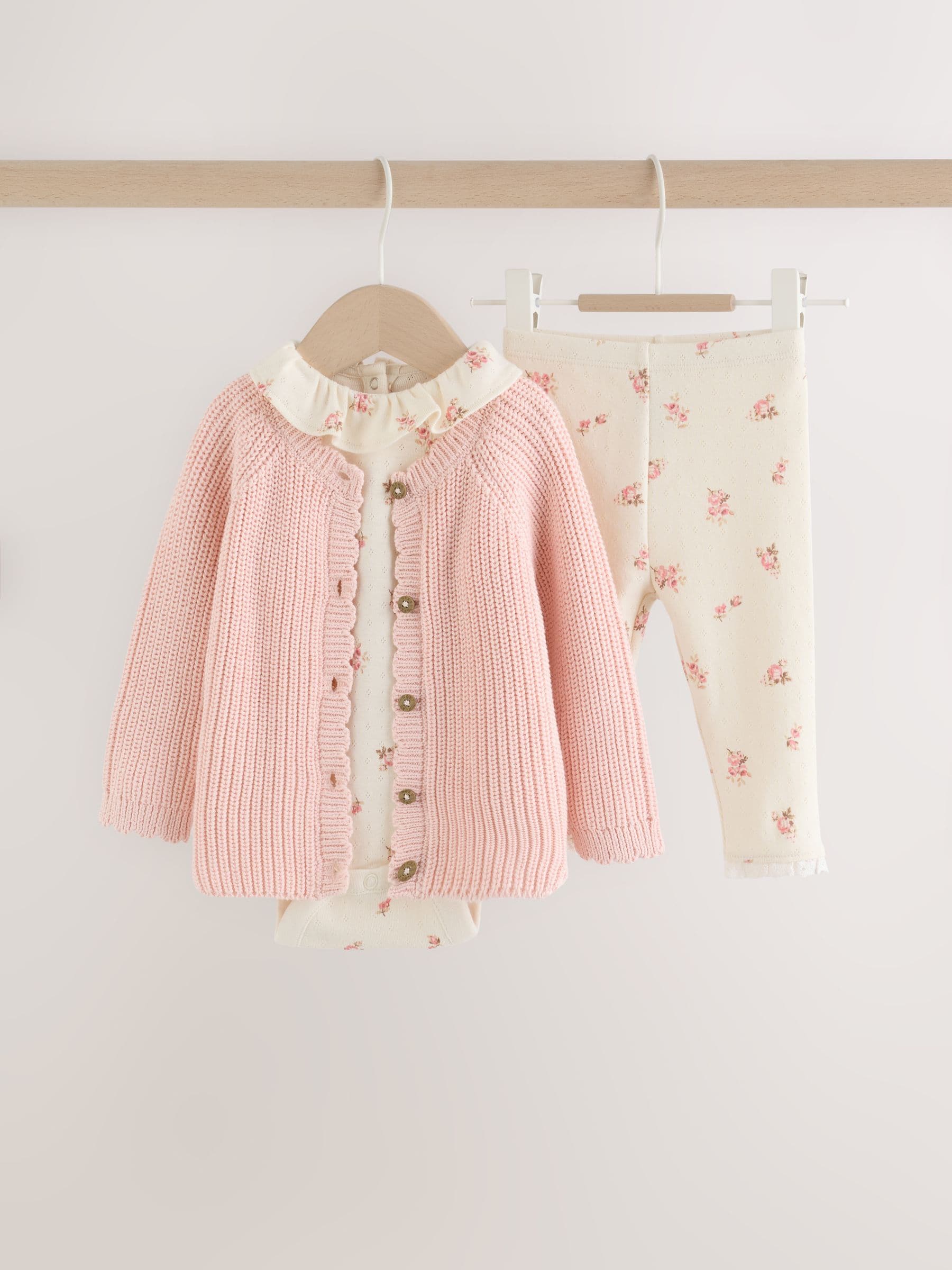 White Floral Bodysuit, Legging with Pink Knitted Cardigan Baby 3 Piece Set (0mths-2yrs) image 5