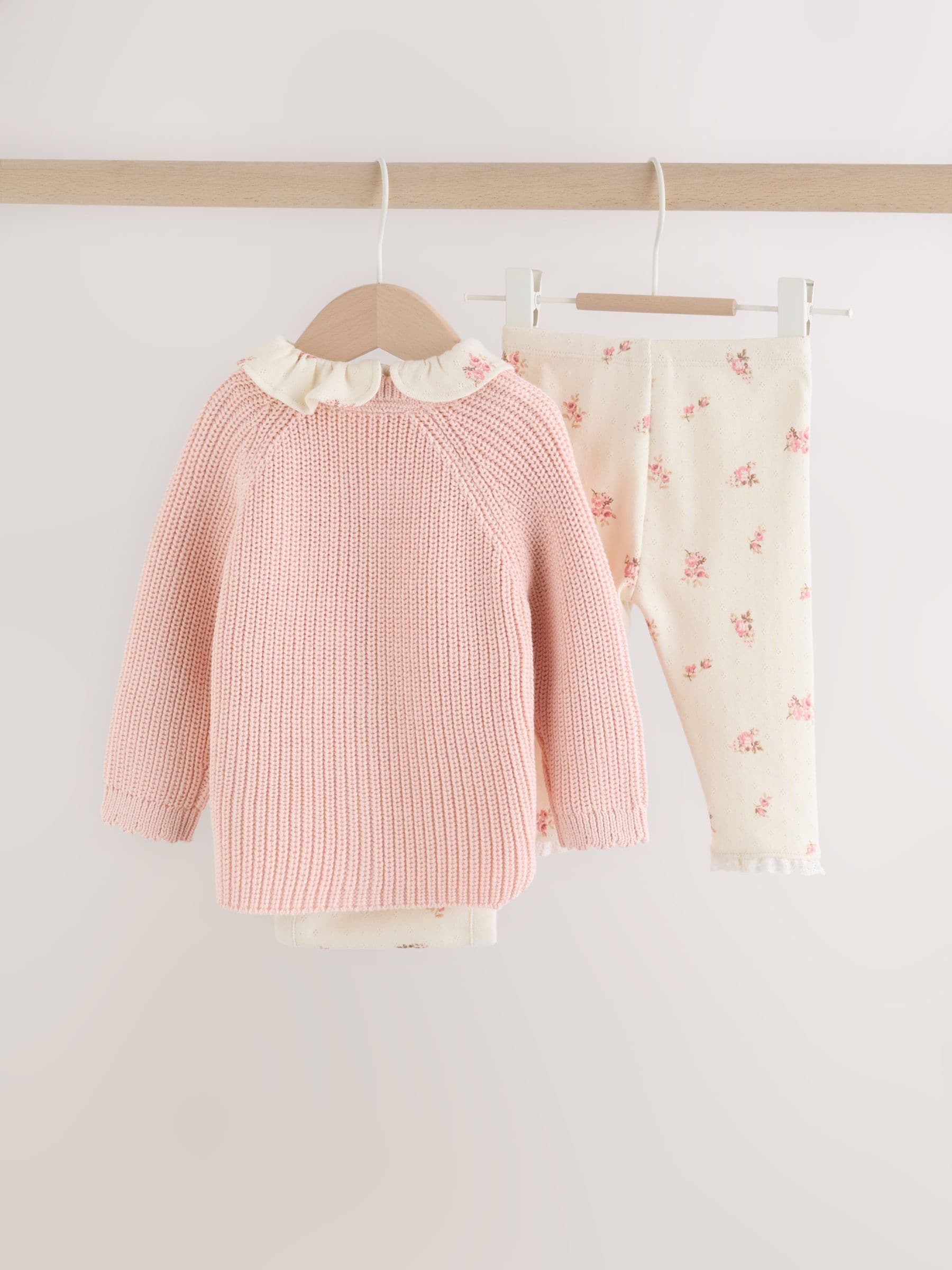 White Floral Bodysuit, Legging with Pink Knitted Cardigan Baby 3 Piece Set (0mths-2yrs) image 6
