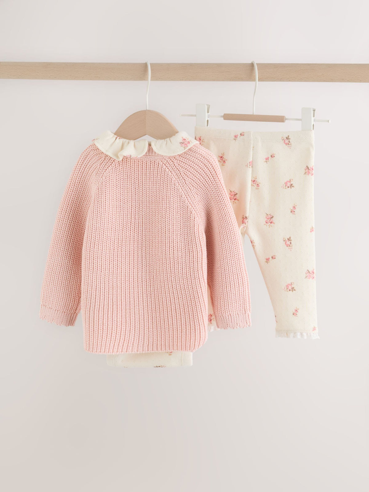 White Floral Bodysuit, Legging with Pink Knitted Cardigan Baby 3 Piece Set (0mths-2yrs) image 6