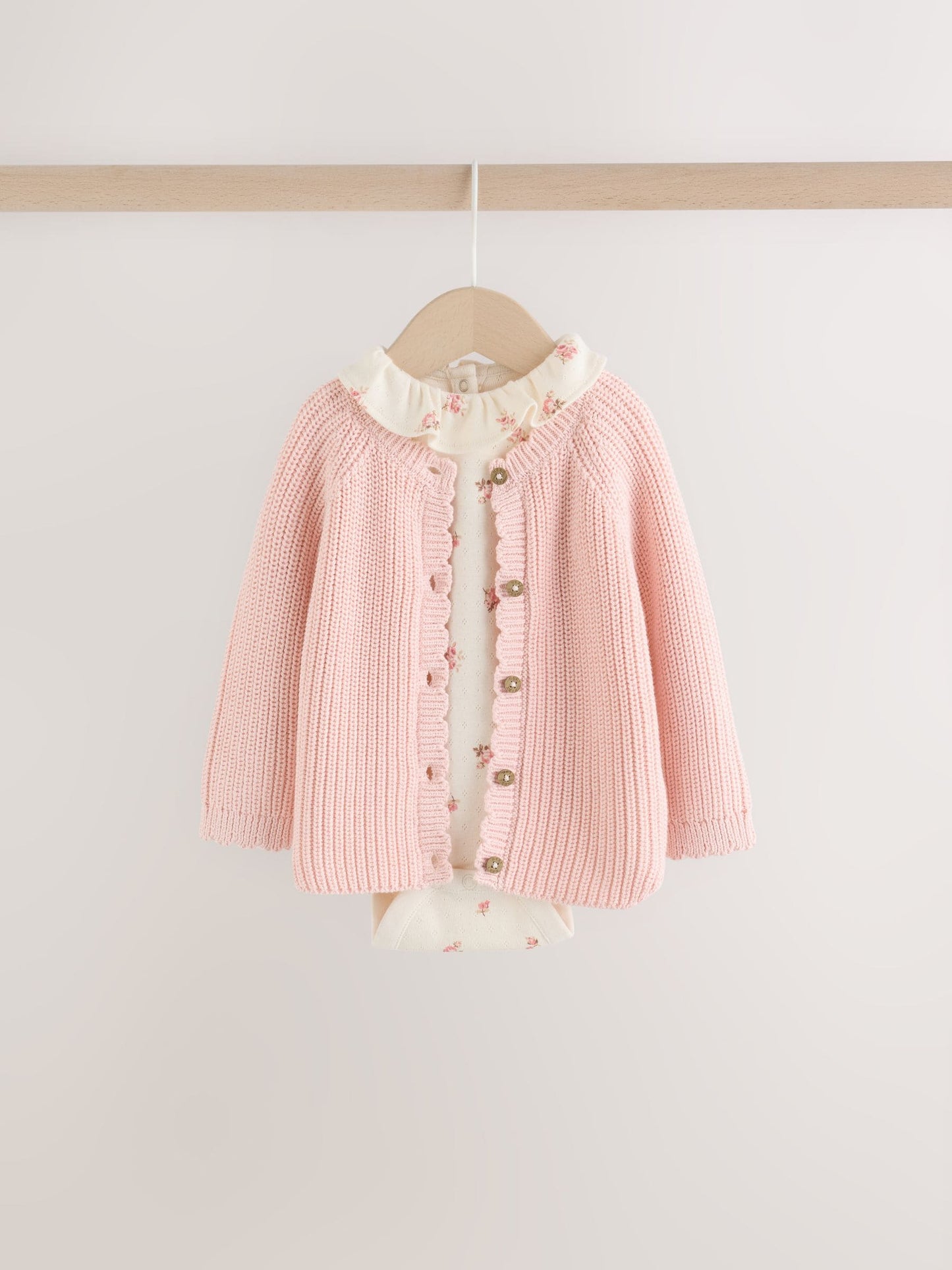White Floral Bodysuit, Legging with Pink Knitted Cardigan Baby 3 Piece Set (0mths-2yrs) image 7