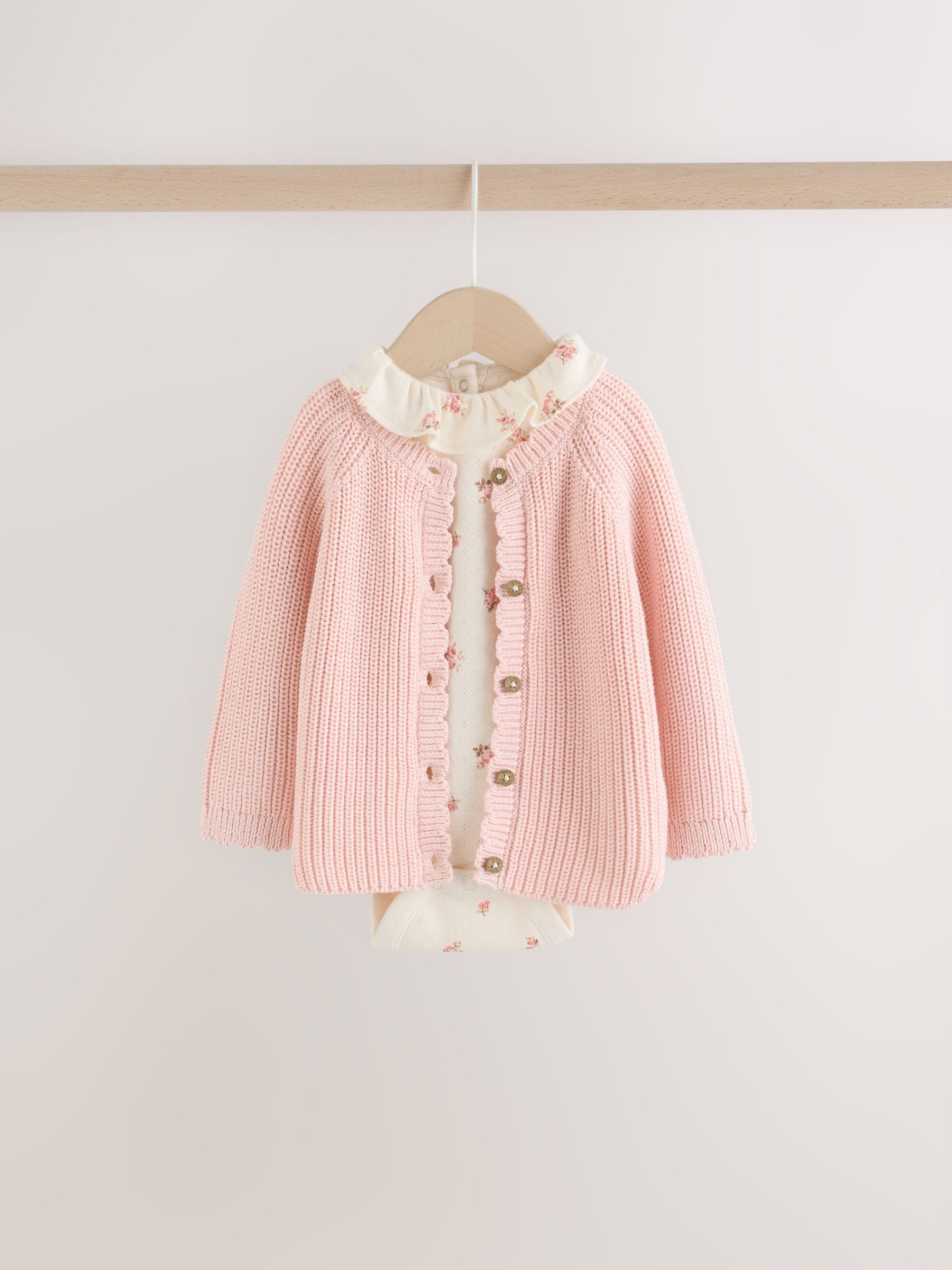 White Floral Bodysuit, Legging with Pink Knitted Cardigan Baby 3 Piece Set (0mths-2yrs) image 7