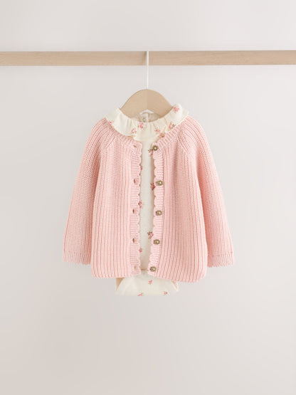 White Floral Bodysuit, Legging with Pink Knitted Cardigan Baby 3 Piece Set (0mths-2yrs) image 7