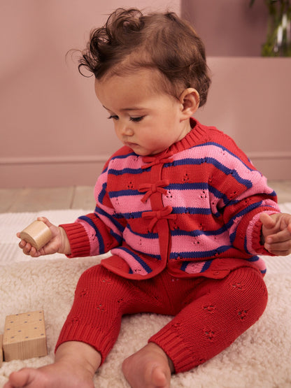 Red Stripe Knitted Bow Cardigan and Leggings Baby 2 Piece Set (0mths-2yrs) - image 1
