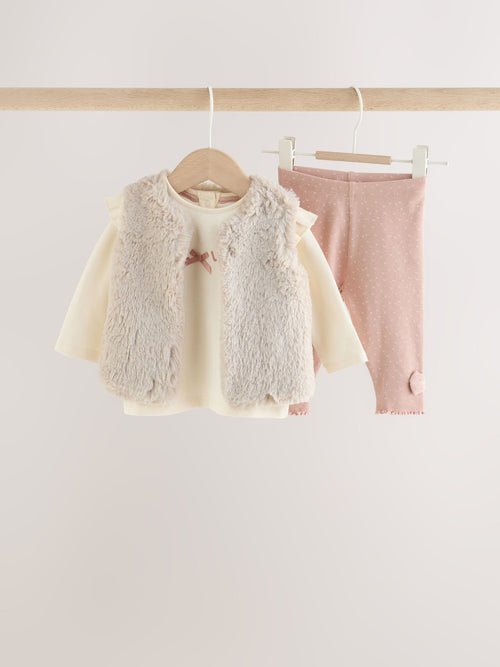 Dsiney Kidz - Pink/Cream Fur Baby Gilet Top and Leggings 3 Piece Set (0mths-2yrs) image 1