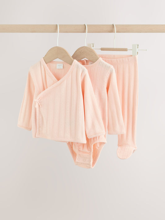 Pink Pointelle Bodysuit Leggings And Cardigan Baby Set 3 Piece (0-9mths) image 1