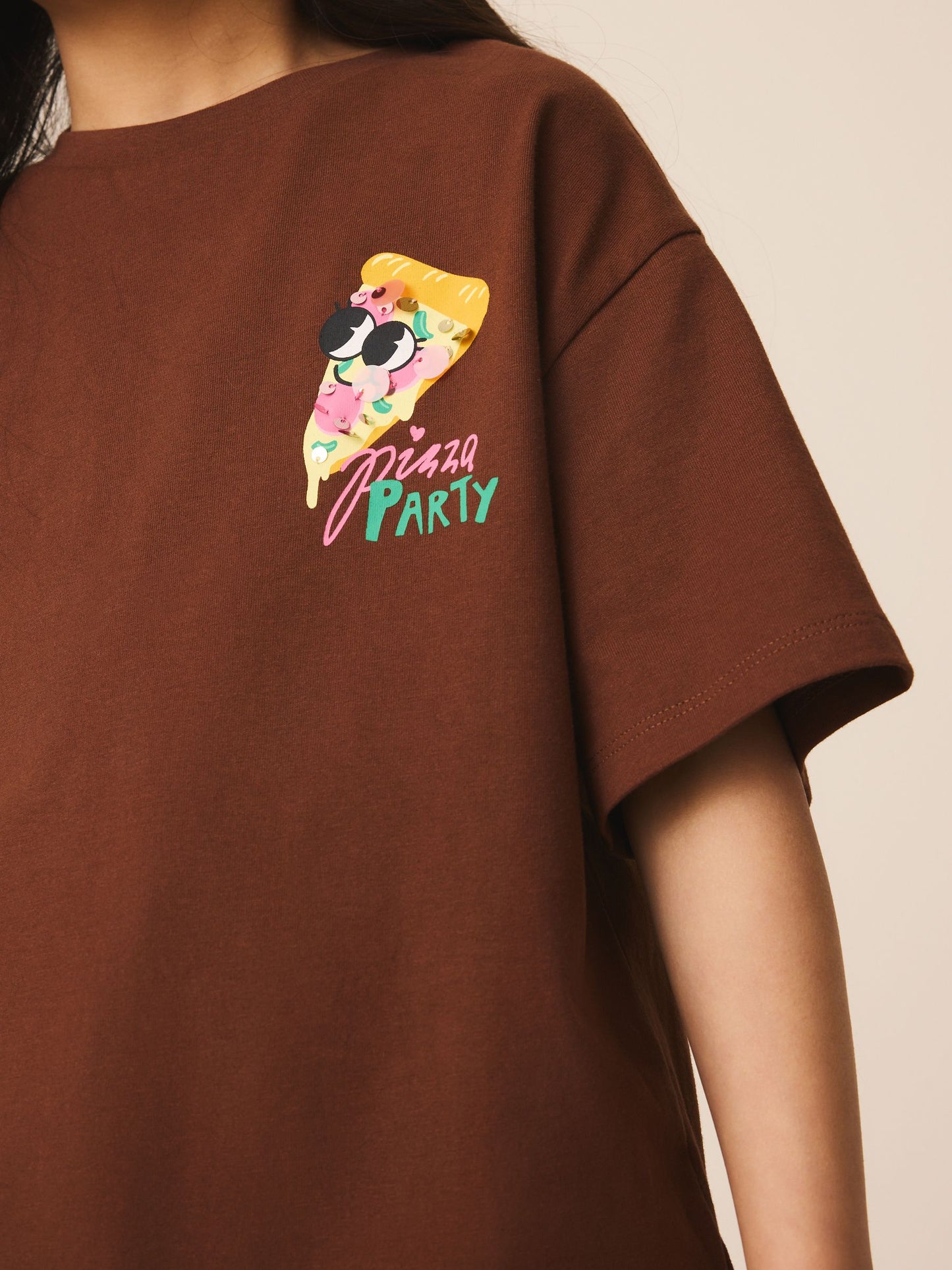 Dsiney Kidz - Brown Pizza Oversized Sequin Graphic T-Shirt (3-16yrs) image 4