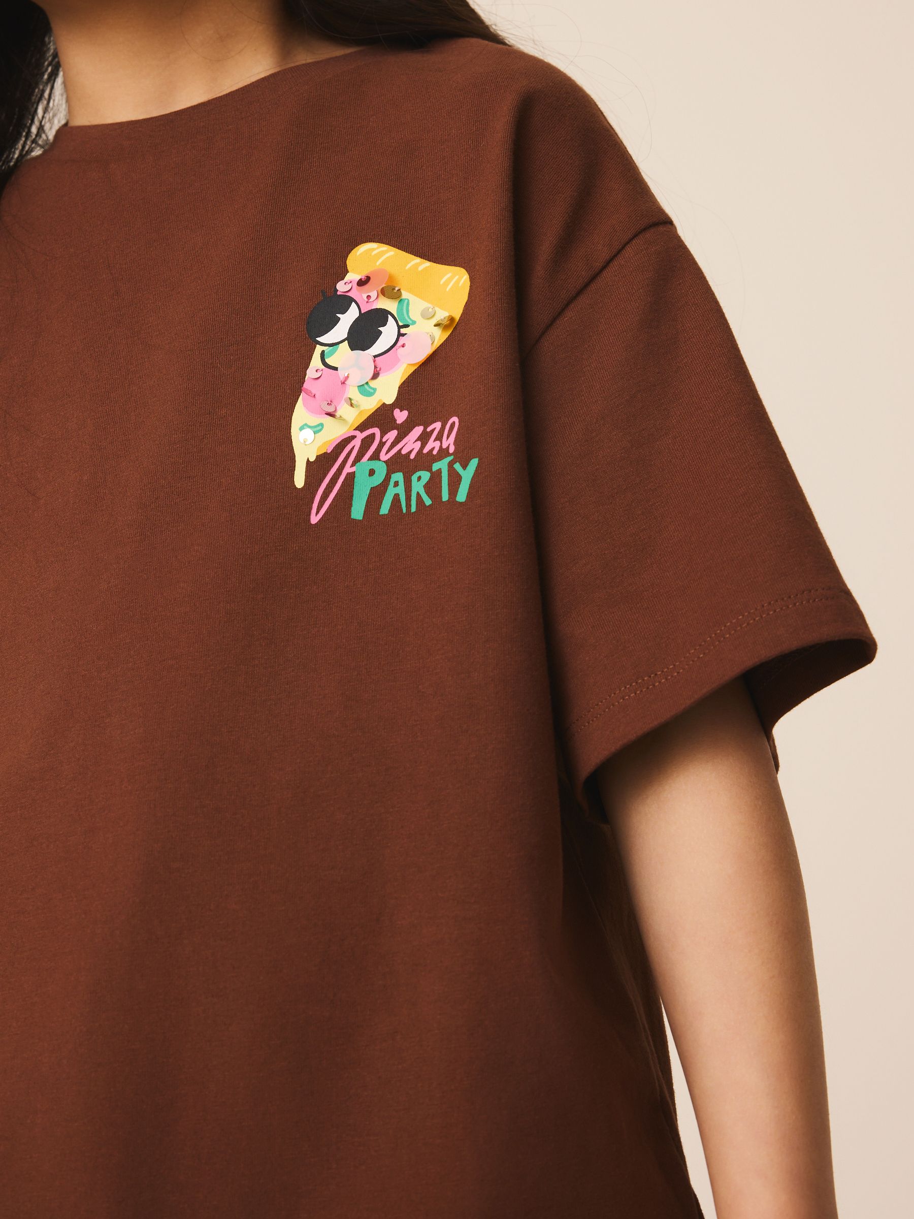 Dsiney Kidz - Brown Pizza Oversized Sequin Graphic T-Shirt (3-16yrs) image 4