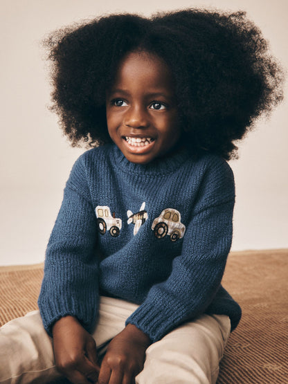 Dsiney Kidz - Navy Blue Transport Character Knitted Crew Neck Jumper (3mths-7yrs) image 1