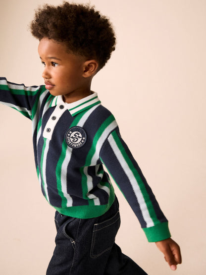 Dsiney Kidz - Green/Navy Stripe Knitted Polo Shirt (3mths-7yrs) image 2