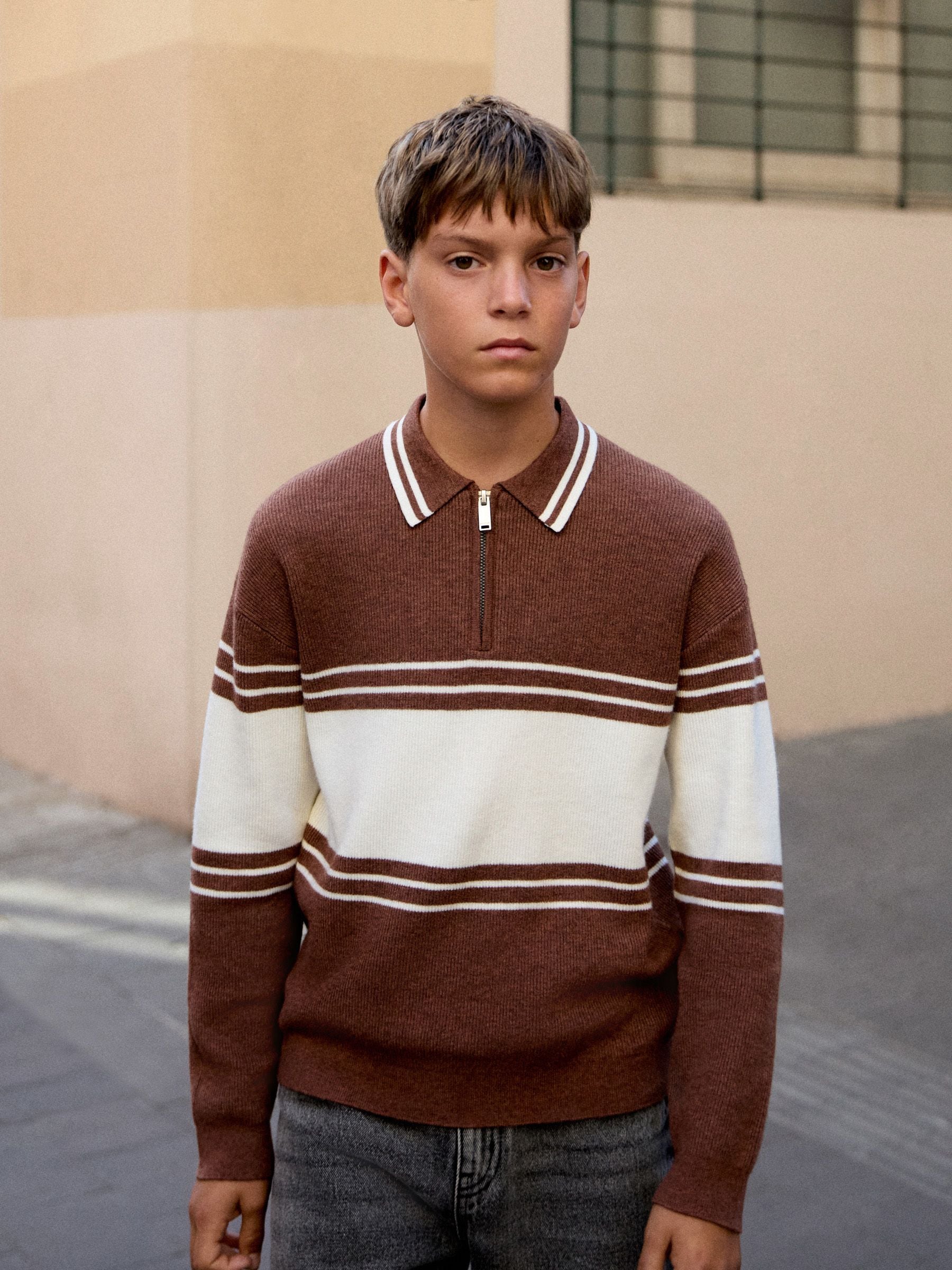 Dsiney Kidz - Rust Brown Colourblock Knitted Zip Neck Polo Shirt (3-16yrs) image 1