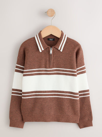 Dsiney Kidz - Rust Brown Colourblock Knitted Zip Neck Polo Shirt (3-16yrs) image 5