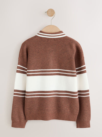 Dsiney Kidz - Rust Brown Colourblock Knitted Zip Neck Polo Shirt (3-16yrs) image 6