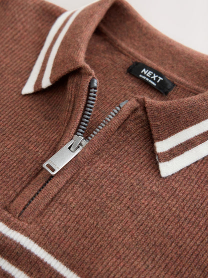 Dsiney Kidz - Rust Brown Colourblock Knitted Zip Neck Polo Shirt (3-16yrs) image 8