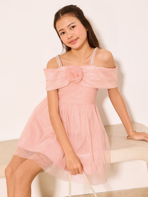 Dsiney Kidz - Lipsy Pink Bardot Mesh Corsage Occasion Dress (7-16yrs) image 1
