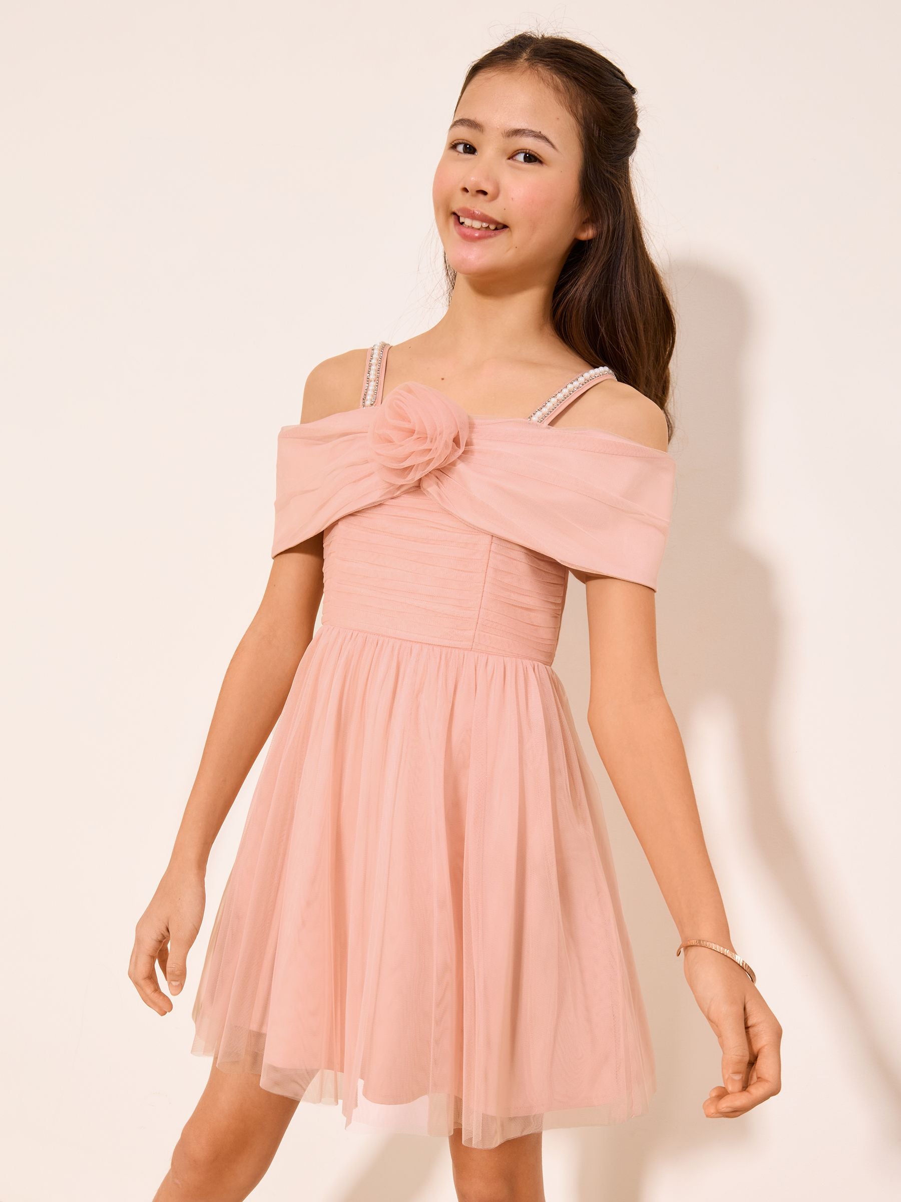 Lipsy Pink Bardot Mesh Corsage Occasion Dress (7-16yrs) image 4