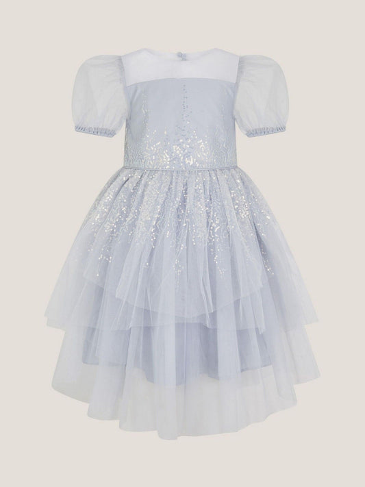 Monsoon Blue Sequin Puff Sleeve Tiered Party Dress - image 1