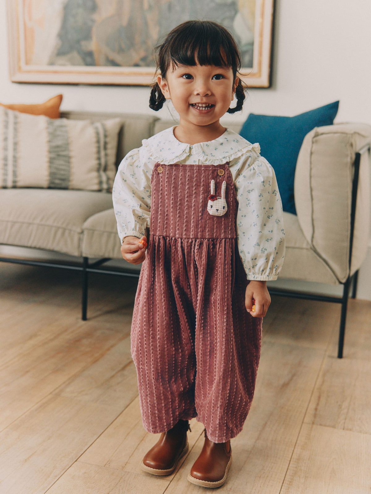 Dsiney Kidz - Pink Corduroy/ Ecru Ditsy Blouse & Dungarees Set 2 Piecs (3mths-7yrs) image 1