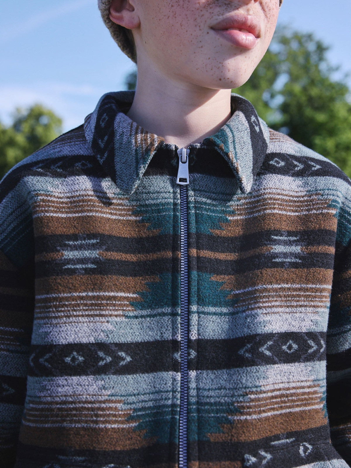 Tan Brown / Green  Zip Up Ikat Borg Lined Shacket (3-16yrs) - image 4