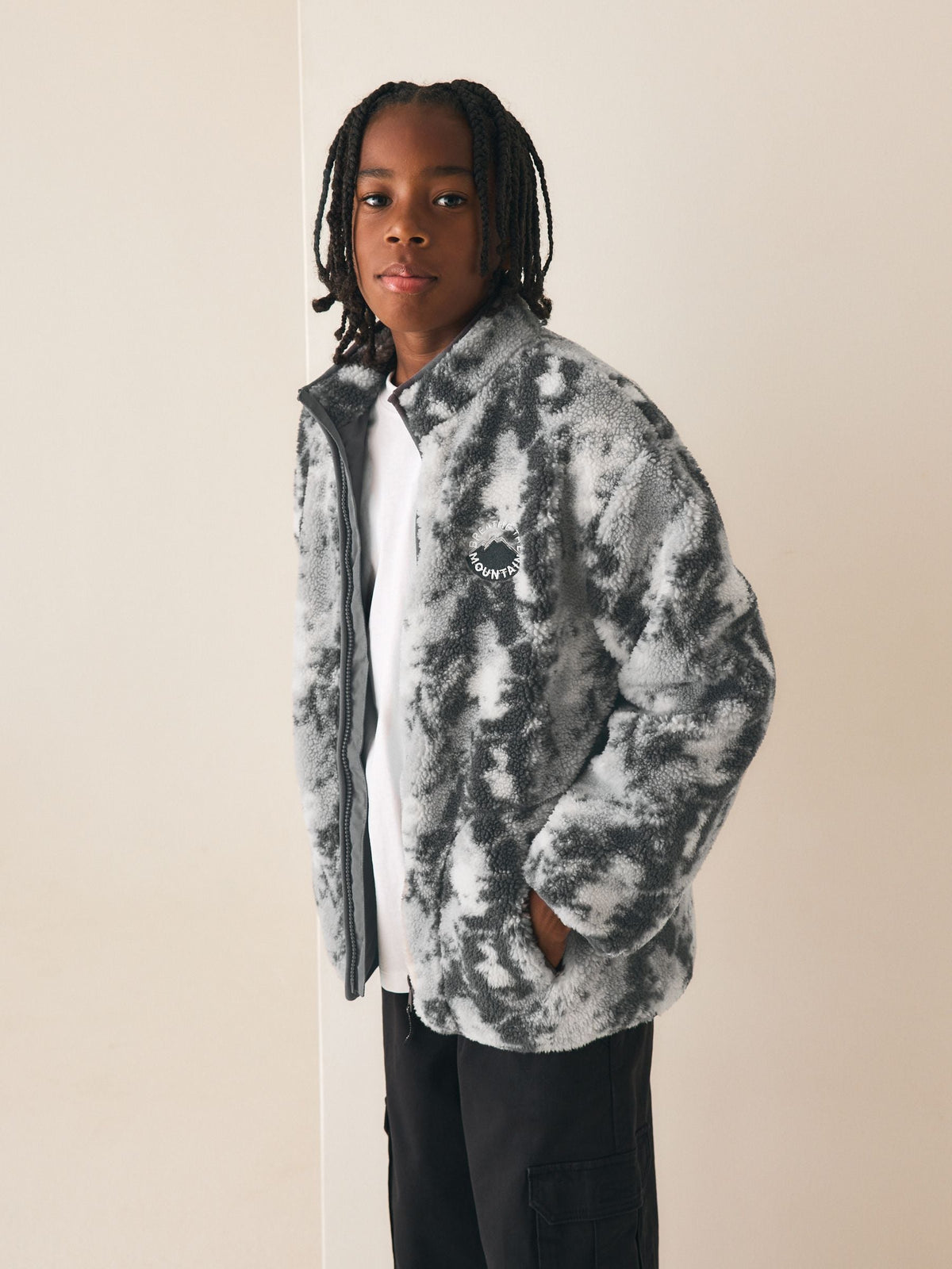 Grey Camo Funnel Neck Zip Up Borg Fleece Shacket (3-16yrs) - image 1