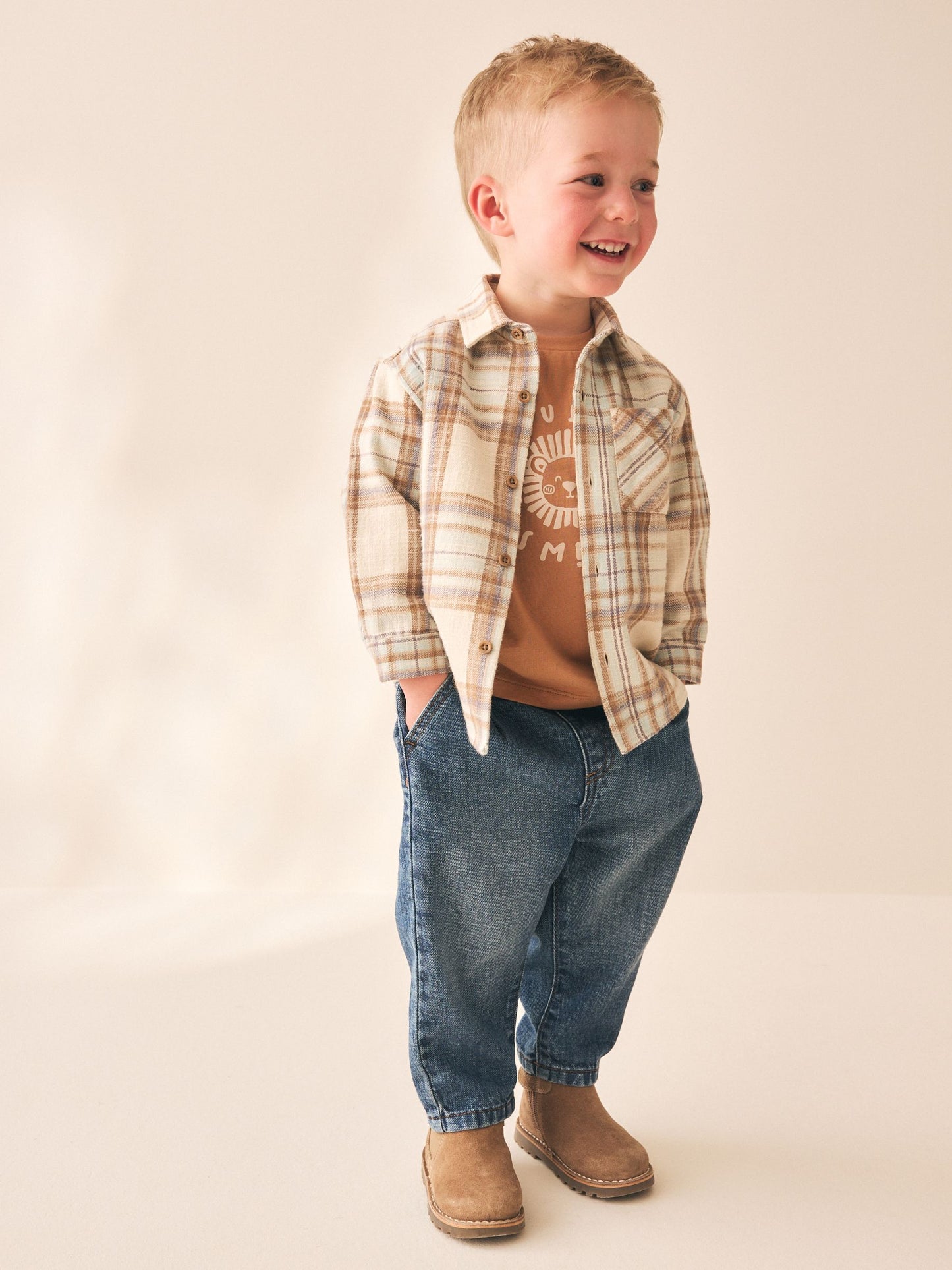 Dsiney Kidz - Ecru Check Long Sleeve Shirt and T-Shirt Set 2 Piece (3mths-7yrs) image 2