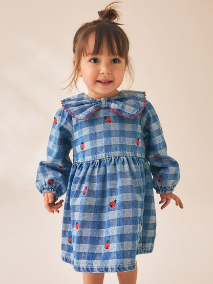 Dsiney Kidz - Blue Denim Check Long Sleeve Collar Embroidered Ladybird Dress (3mths-8yrs) image 1
