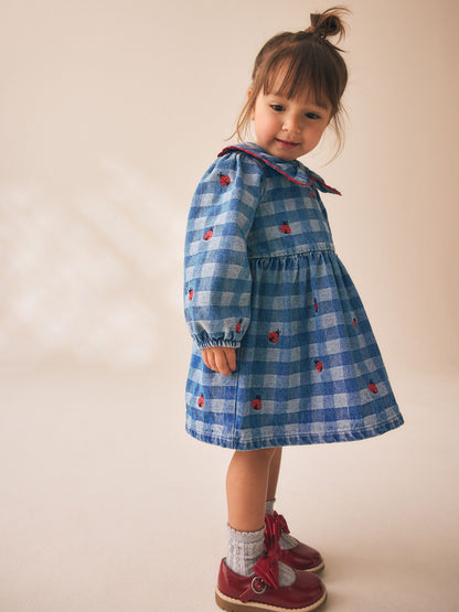 Dsiney Kidz - Blue Denim Check Long Sleeve Collar Embroidered Ladybird Dress (3mths-8yrs) image 2