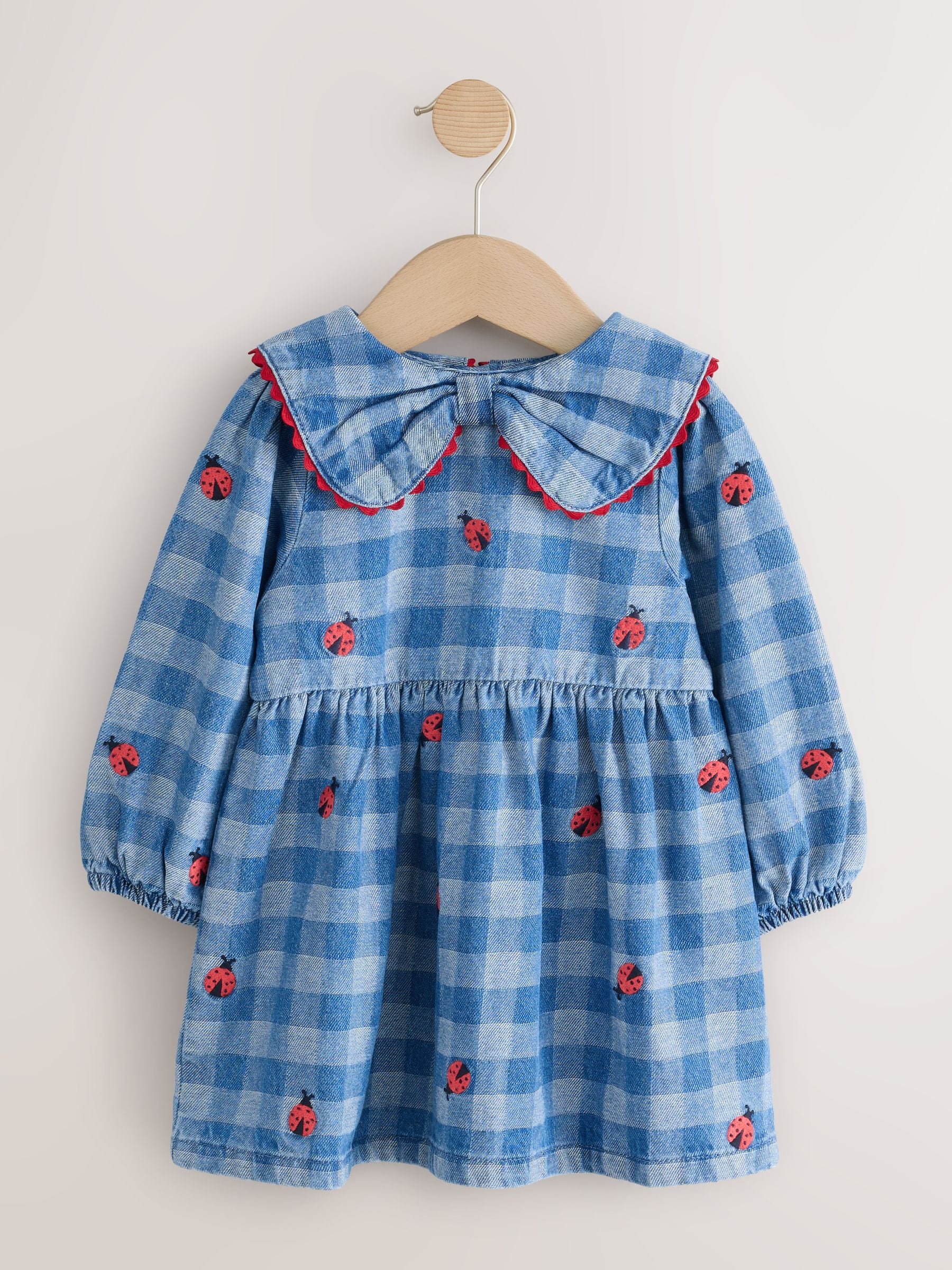 Dsiney Kidz - Blue Denim Check Long Sleeve Collar Embroidered Ladybird Dress (3mths-8yrs) image 5