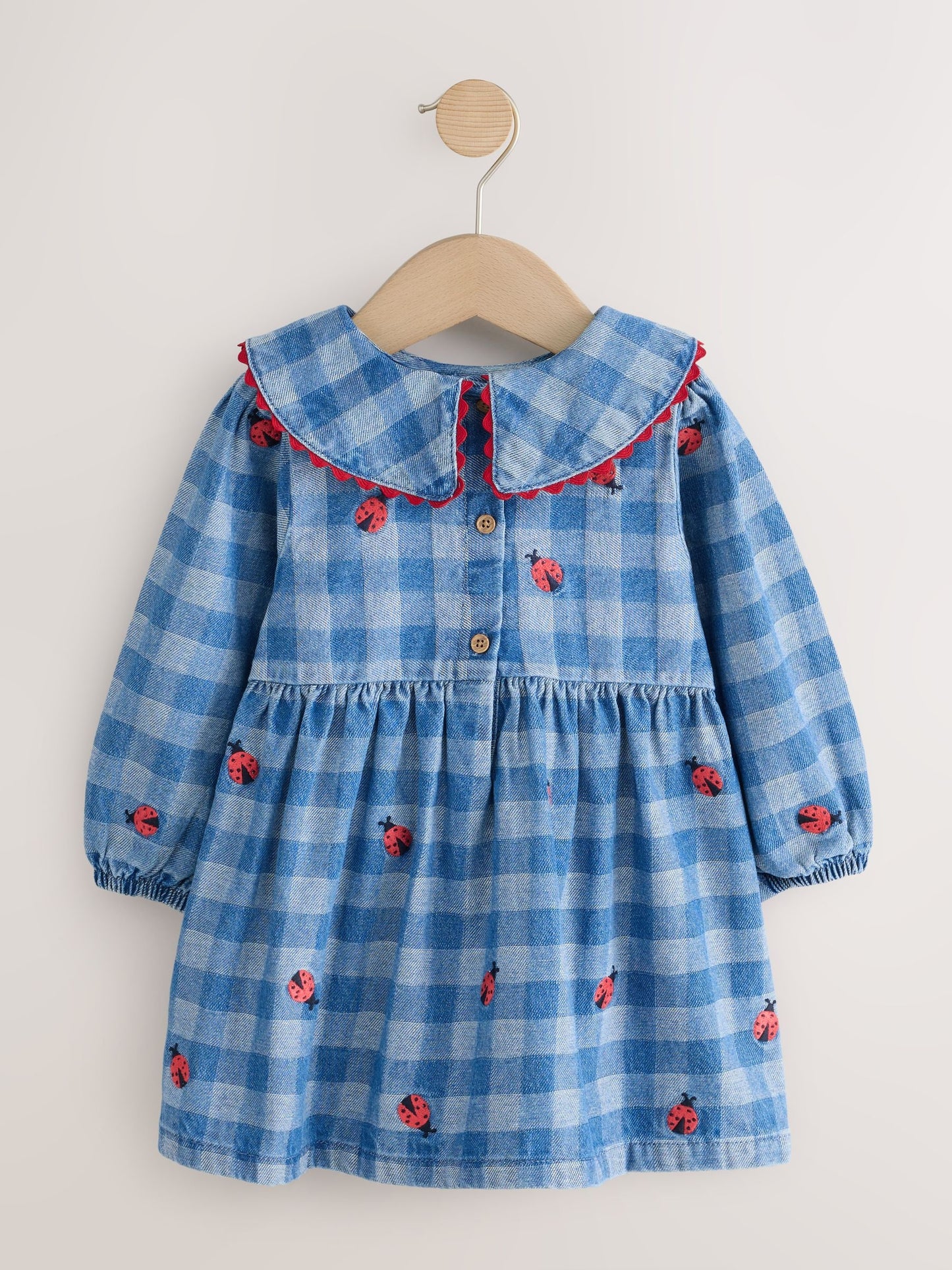Dsiney Kidz - Blue Denim Check Long Sleeve Collar Embroidered Ladybird Dress (3mths-8yrs) image 6