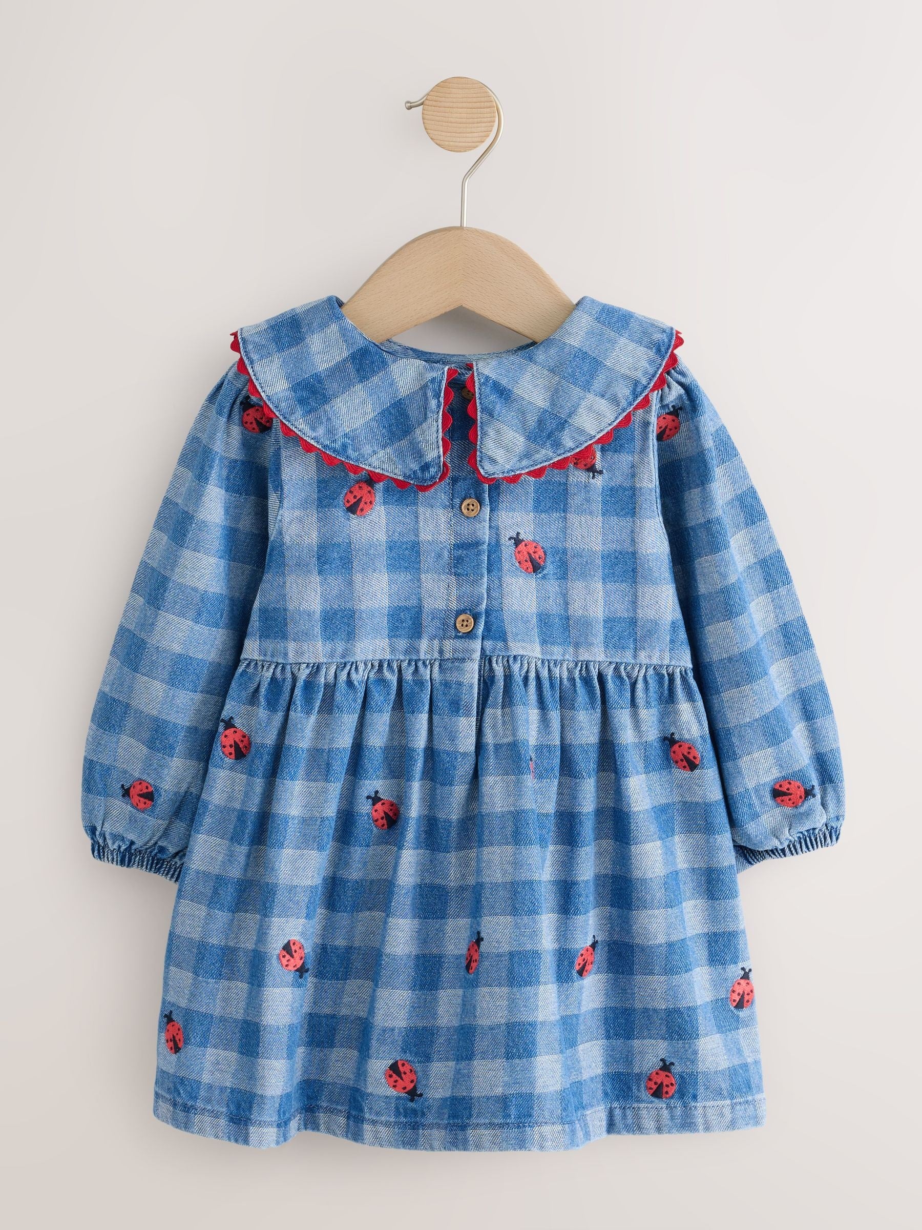 Dsiney Kidz - Blue Denim Check Long Sleeve Collar Embroidered Ladybird Dress (3mths-8yrs) image 6