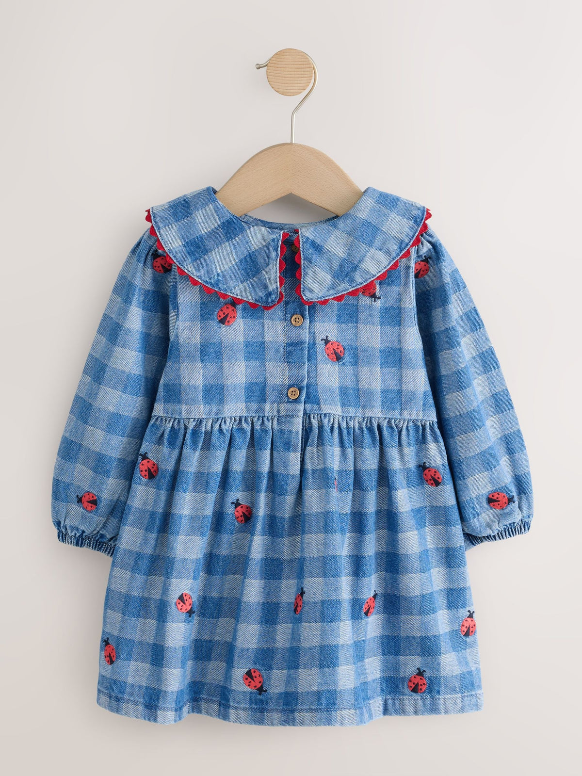 Dsiney Kidz - Blue Denim Check Long Sleeve Collar Embroidered Ladybird Dress (3mths-8yrs) image 6
