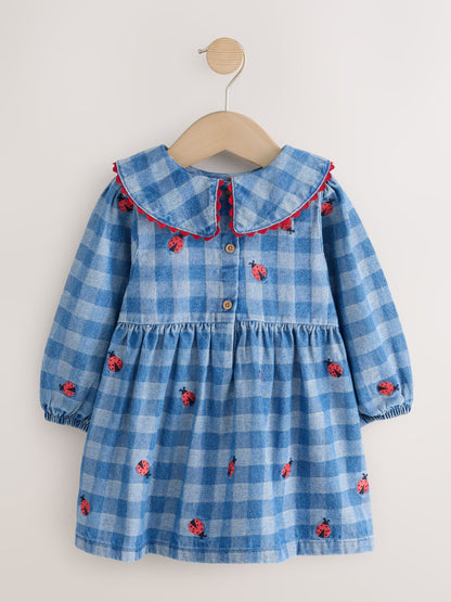 Dsiney Kidz - Blue Denim Check Long Sleeve Collar Embroidered Ladybird Dress (3mths-8yrs) image 6