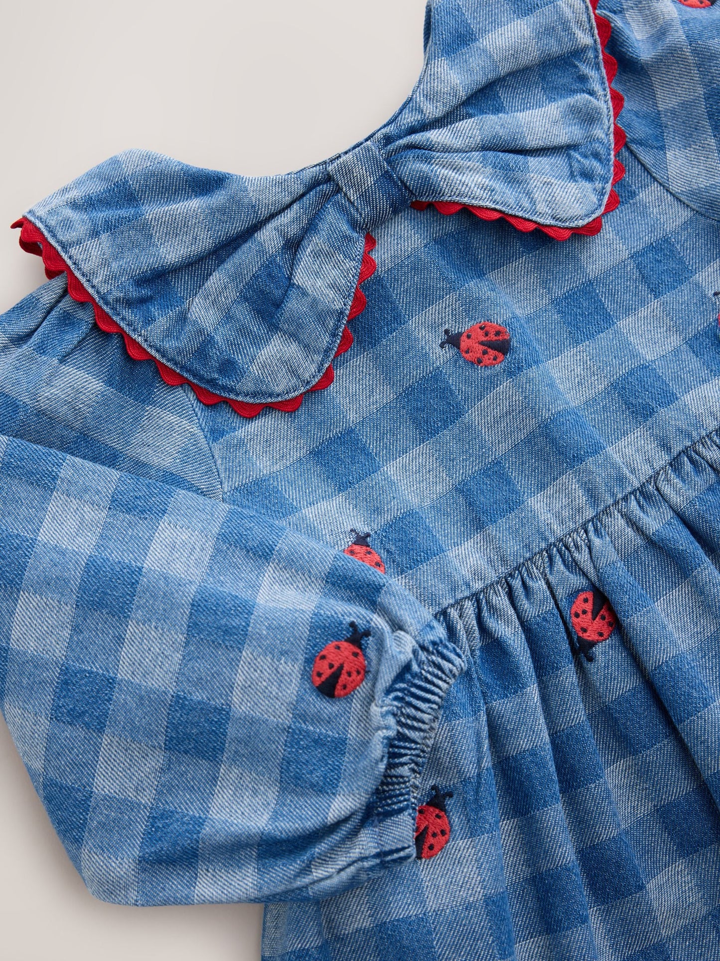 Dsiney Kidz - Blue Denim Check Long Sleeve Collar Embroidered Ladybird Dress (3mths-8yrs) image 8