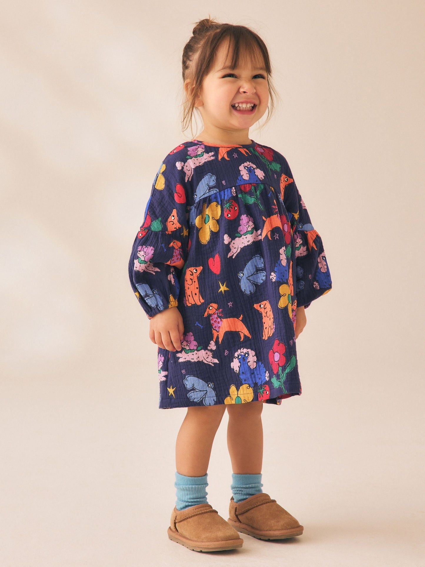 Dsiney Kidz - Navy Blue Dog Print Long Sleeve Printed Dress (3mths-8yrs) image 1