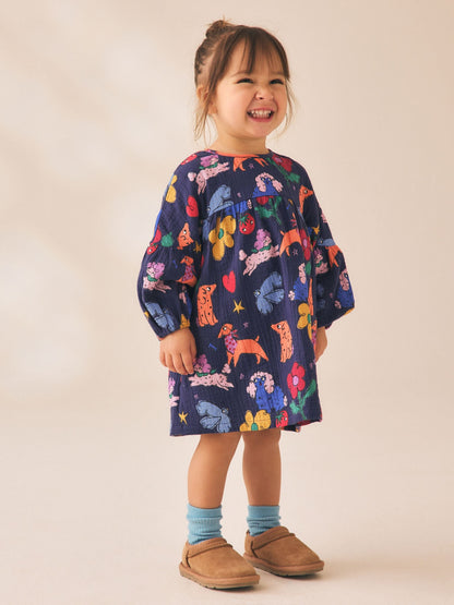 Dsiney Kidz - Navy Blue Dog Print Long Sleeve Printed Dress (3mths-8yrs) image 1
