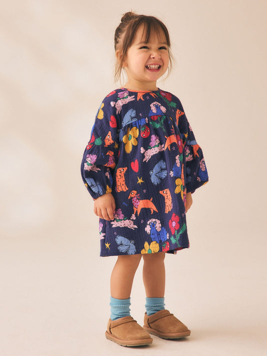 Dsiney Kidz - Navy Blue Dog Print Long Sleeve Printed Dress (3mths-8yrs) image 1