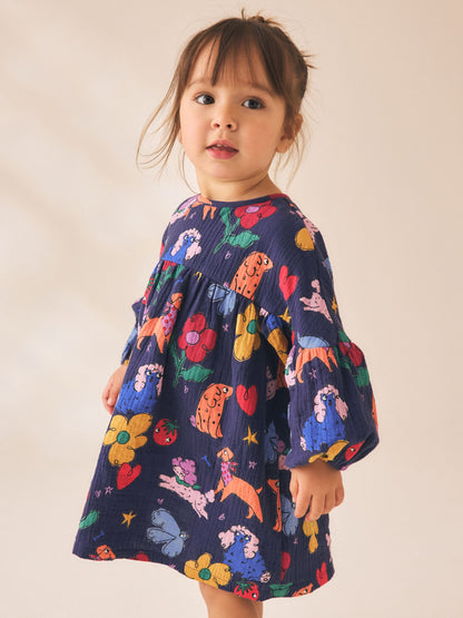 Dsiney Kidz - Navy Blue Dog Print Long Sleeve Printed Dress (3mths-8yrs) image 2