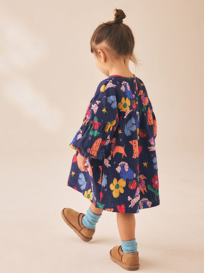 Dsiney Kidz - Navy Blue Dog Print Long Sleeve Printed Dress (3mths-8yrs) image 3