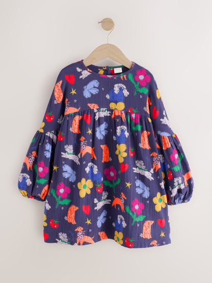 Dsiney Kidz - Navy Blue Dog Print Long Sleeve Printed Dress (3mths-8yrs) image 5