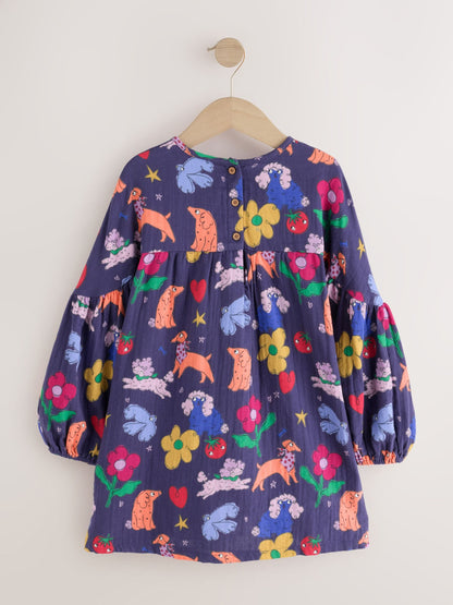 Dsiney Kidz - Navy Blue Dog Print Long Sleeve Printed Dress (3mths-8yrs) image 6