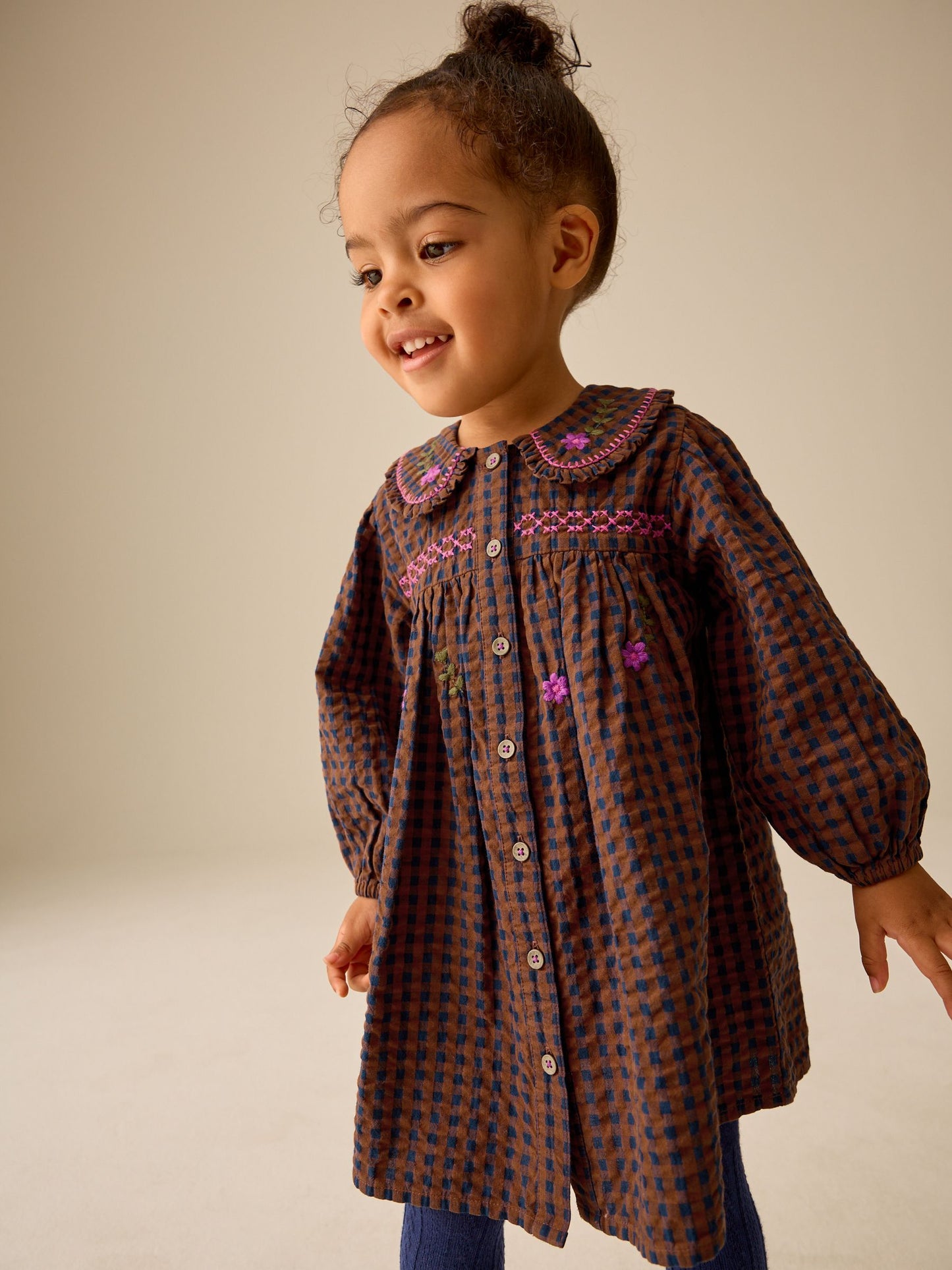 Dsiney Kidz - Chocolate Brown Embroidered Check Collar Dress (3mths-8yrs) image 1