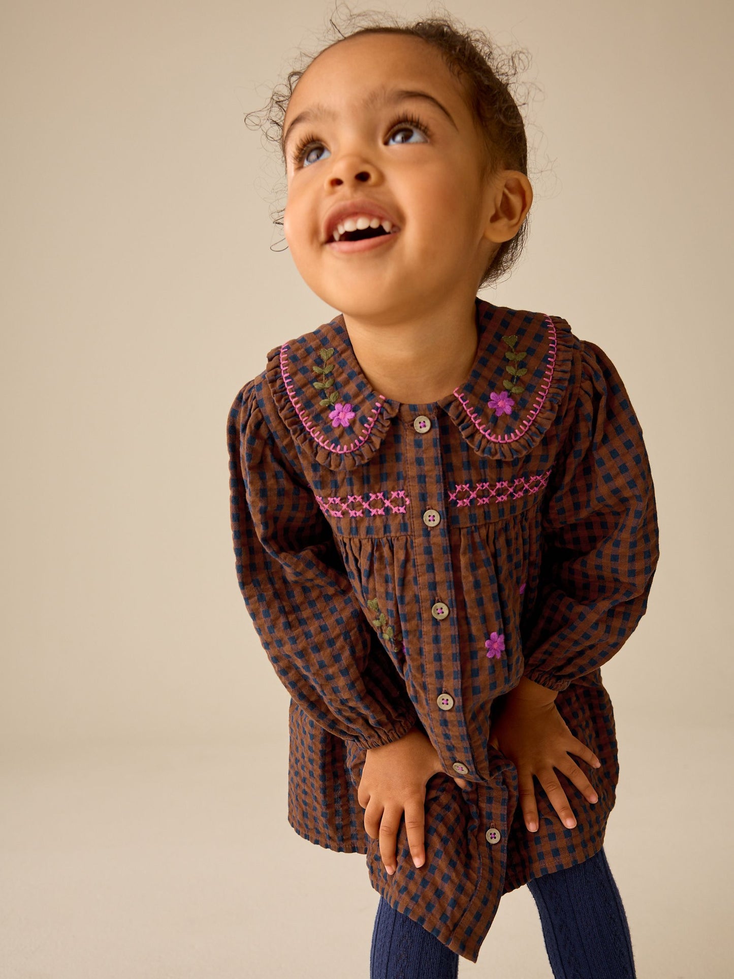 Dsiney Kidz - Chocolate Brown Embroidered Check Collar Dress (3mths-8yrs) image 2