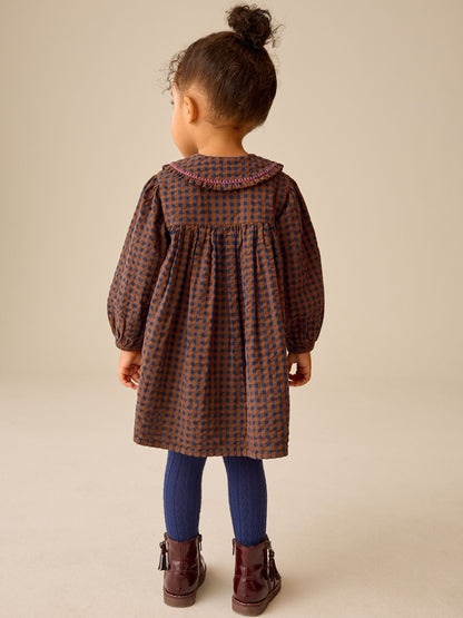 Dsiney Kidz - Chocolate Brown Embroidered Check Collar Dress (3mths-8yrs) image 3